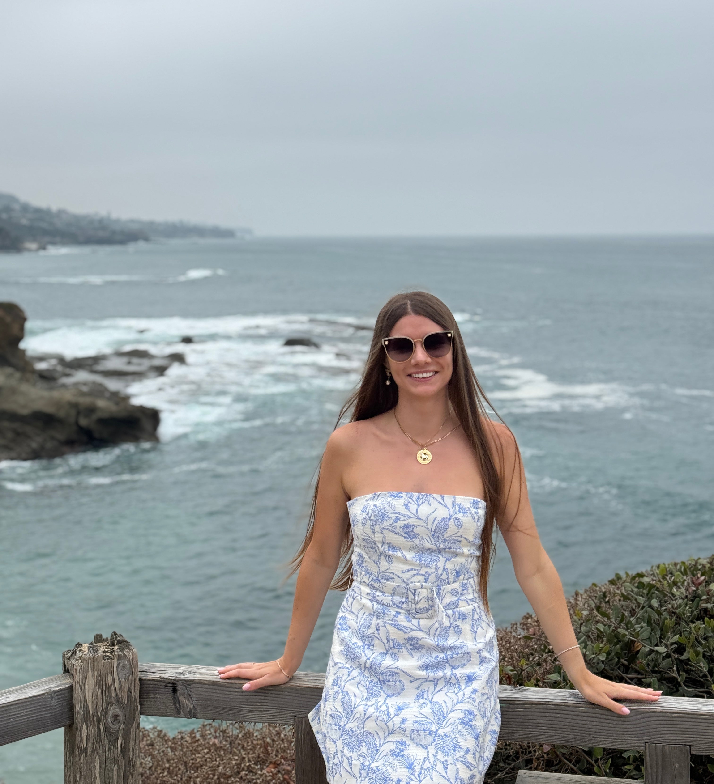 Model wearing SOVRA Los Angeles BLUE blazer with peplum basque, proudly made in USA