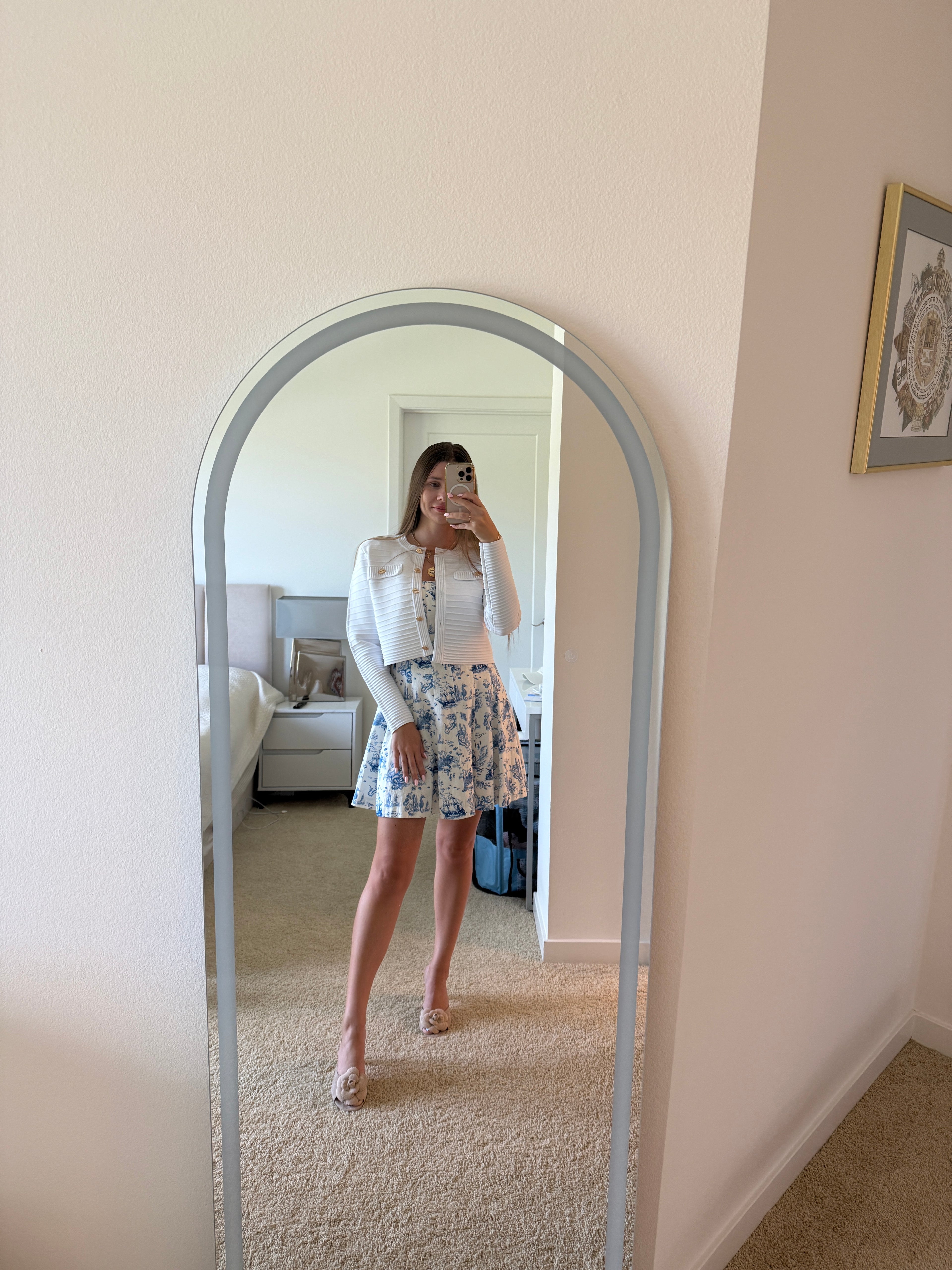 Model wearing SOVRA Los Angeles BLUE blazer with peplum basque, proudly made in USA