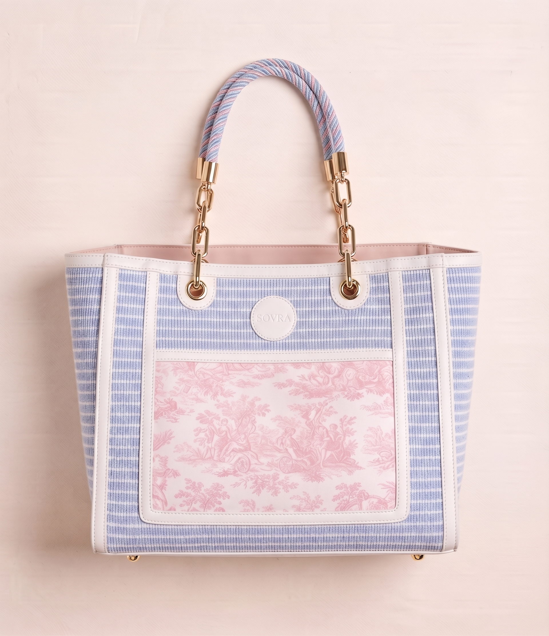 SOVRA Luxury Canvas Beach Tote Bag — Pink Toile de Jouy & Striped Knit