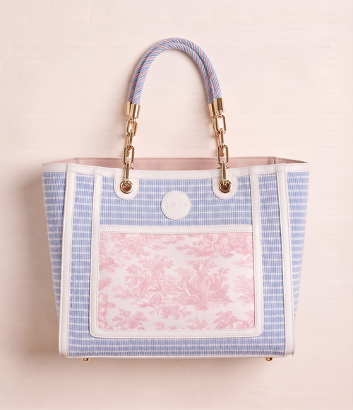 SOVRA Luxury Canvas Beach Tote Bag — Pink Toile de Jouy & Striped Knit